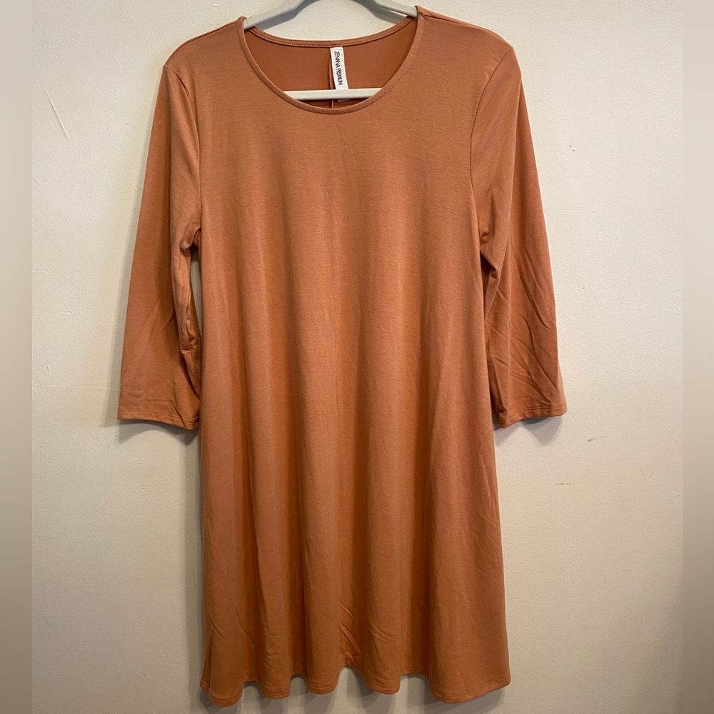 Tunic Pocket Dress, 3/4 sleeve - Camel